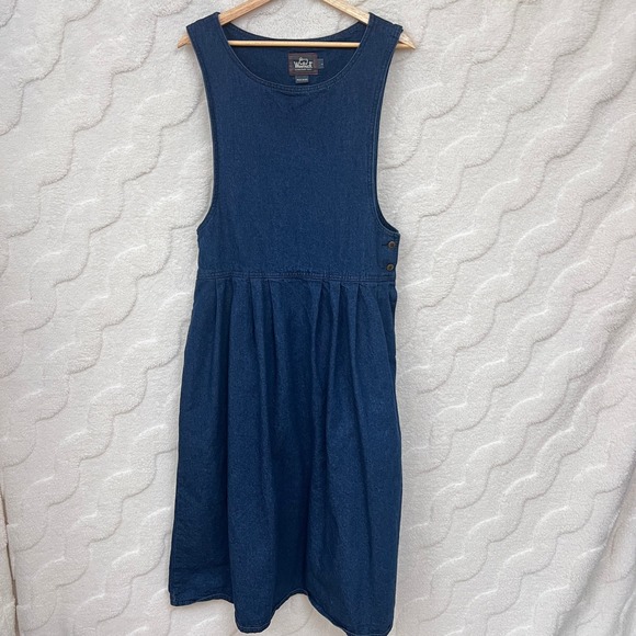 Woolrich Denim Pinafore Dress Cottagecore Women Size L Indigo Cotton Made in USA - Picture 2 of 10